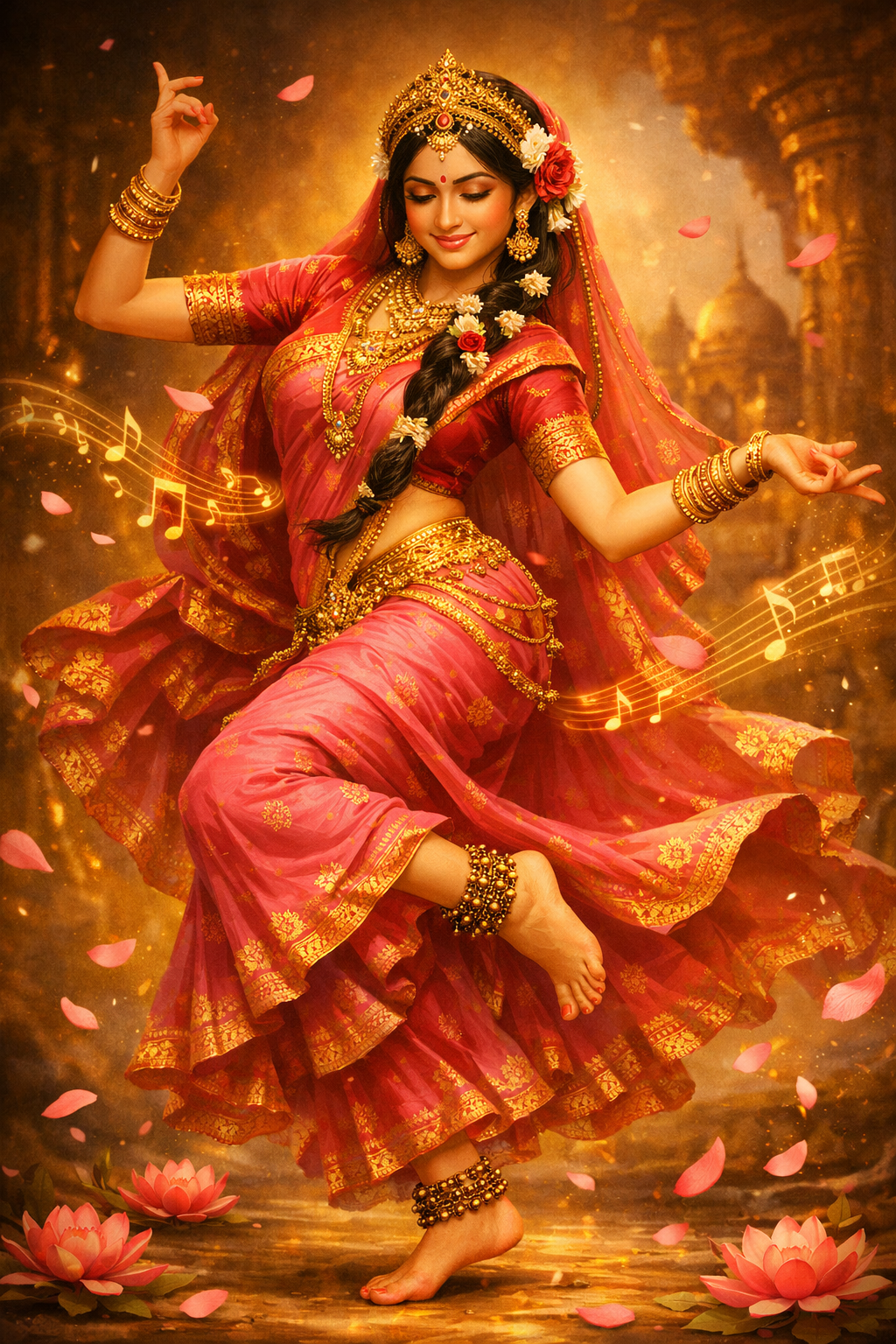 Radha Rani in graceful tribhanga dance pose with flowing pink sari ghungroo anklets and flower petals falling — HD wallpaper